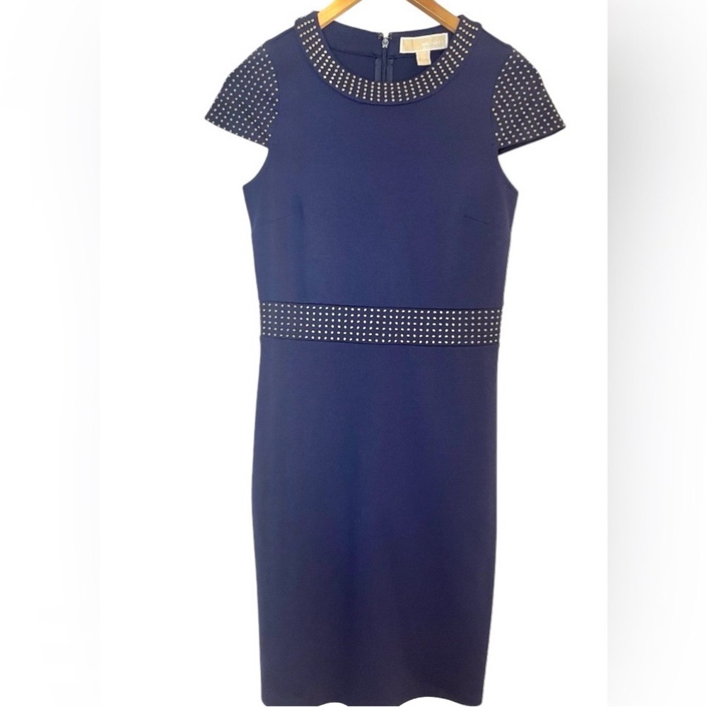 MICHAEL Michael Kors Studded Midi Sheath Dress Stretch Navy Blue Size XS - Picture 4 of 9
